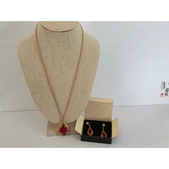 Sarah Coventry Gold Tone Scarlett Tears Red Gem Necklace & Earrings Set In Box - Picture 1 of 8